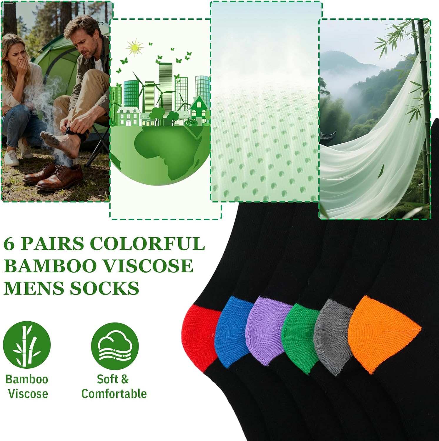 6 Pairs Bamboo Viscose Socks Men Dress Crew Socks Breathable
