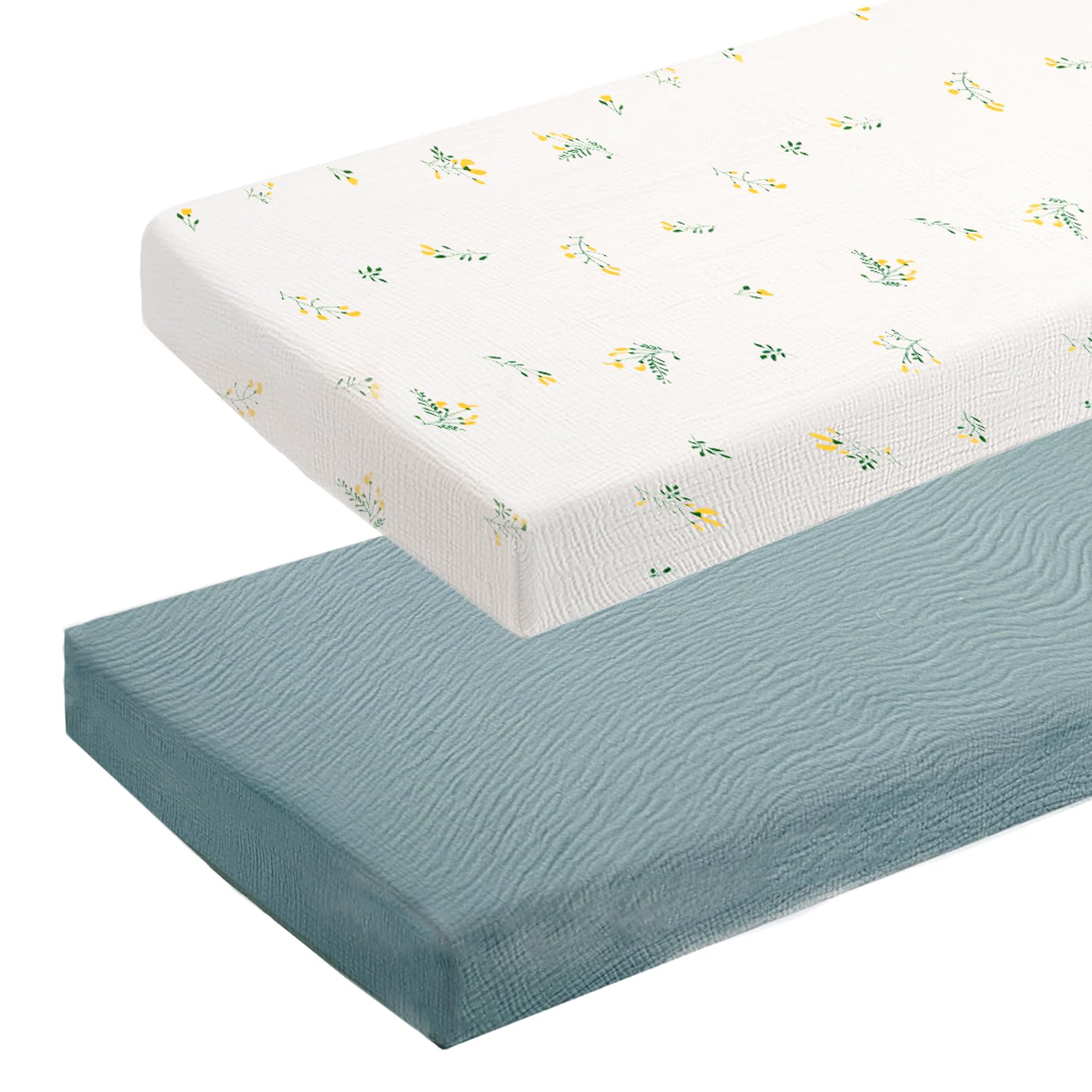Lenzuolo con angoli elasticizzati 70 x 140 cm, in mussola, 100% cotone, morbido e traspirante, adatto per culla e lettino, lavabile in lavatrice, delicato sulla pelle del bambino, set da 2 (verde, 70
