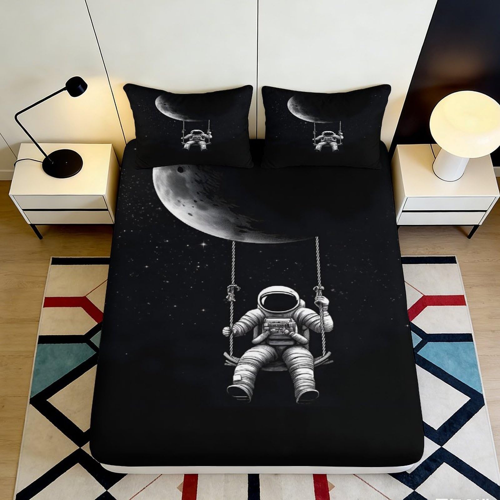 Pnayamiorkfel Style-8 3D Printed Astronaut Moon Fitted Sheet Microfiber Black Space Art Mattress Cover For Bedroom Guest Room Decor 90X200x25cm