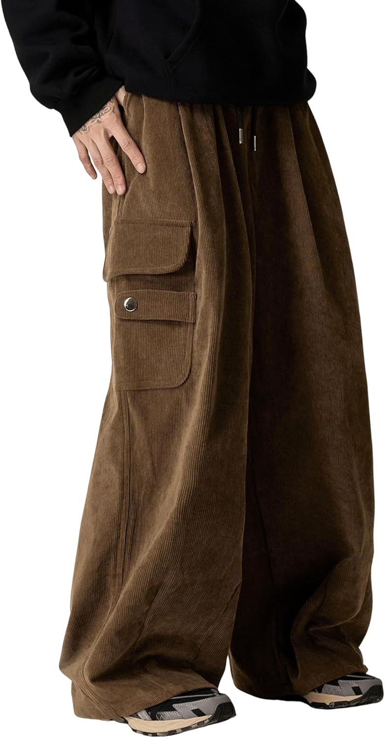 ZAFUL Mens Corduroy Pants Baggy Wide Leg Drawstring Elastic Waist Sweatpants Vintage Cargo Pants with Pockets for Streetwear