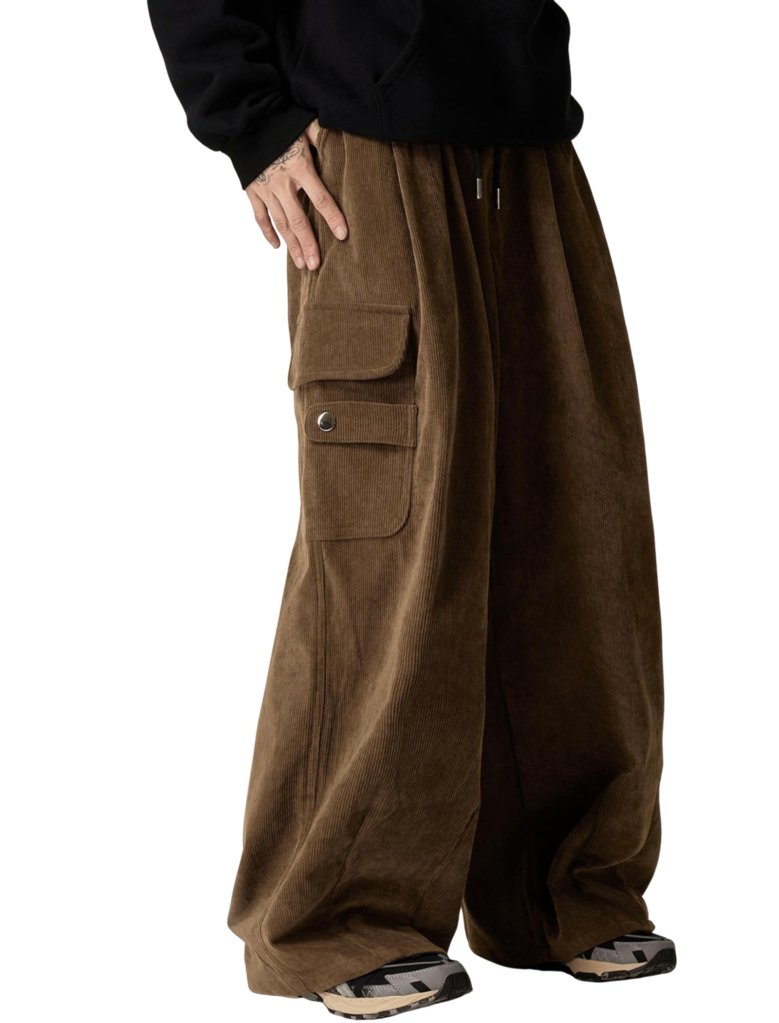 Mens Corduroy Pants Baggy Wide Leg Drawstring Elastic Waist Sweatpants Vintage Cargo Pant…