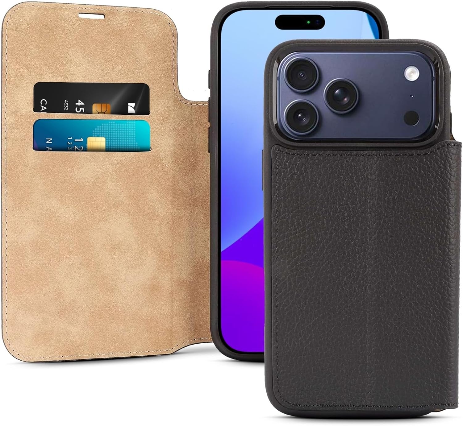 for iPhone 17 Pro Max (6.9") Genuine Pebbled Leather Book Case with Card Holder and Stand - Magnetic Flip Cover, Black