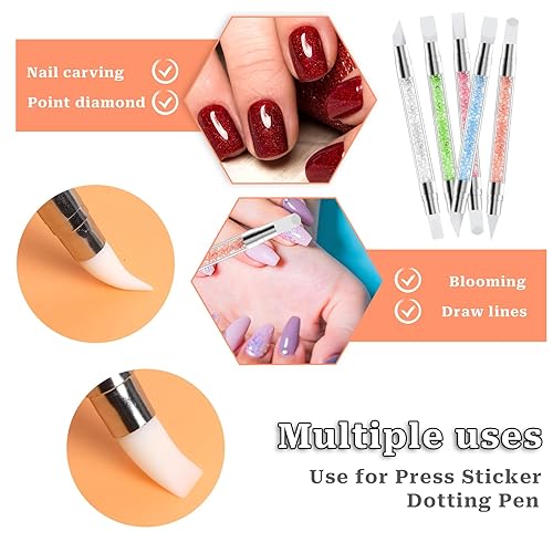 Miniatura 3 de Juego de 5 pinceles de silicona para arte de uñas acrílicas, doble punta con diamantes de imitación para tallar, cabeza de silicona, mango acrílico,