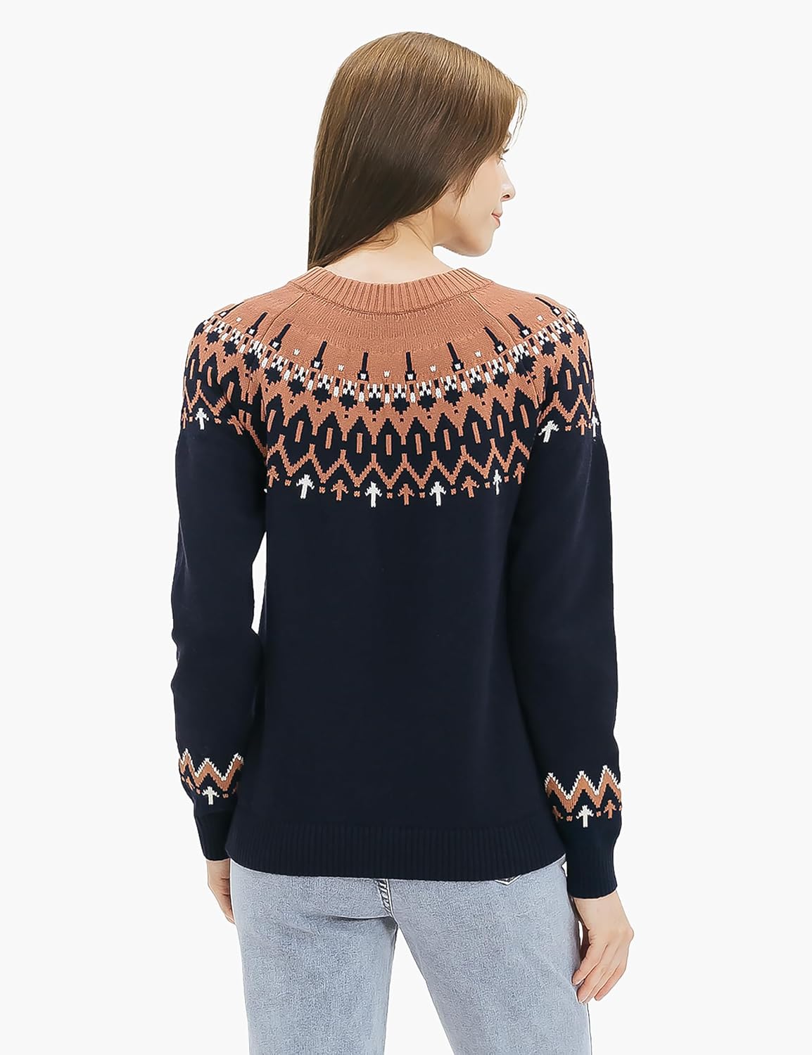 Cable Stitch Women's Fair Isle Sweater – Classic Vintage Jacquard Long Sleeve Crewneck Pullover Top - Image 2