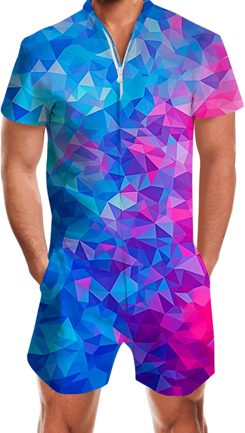 Goodstoworld Male Hawaiian Romper Fashion Zipper Slim Fit Jumpsuit with Pocket S-XXL