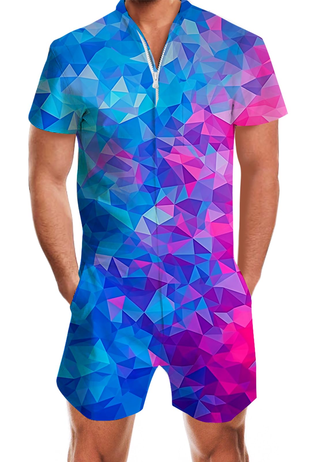 Goodstoworld Male Hawaiian Romper Fashion Zipper Slim Fit Jumpsuit