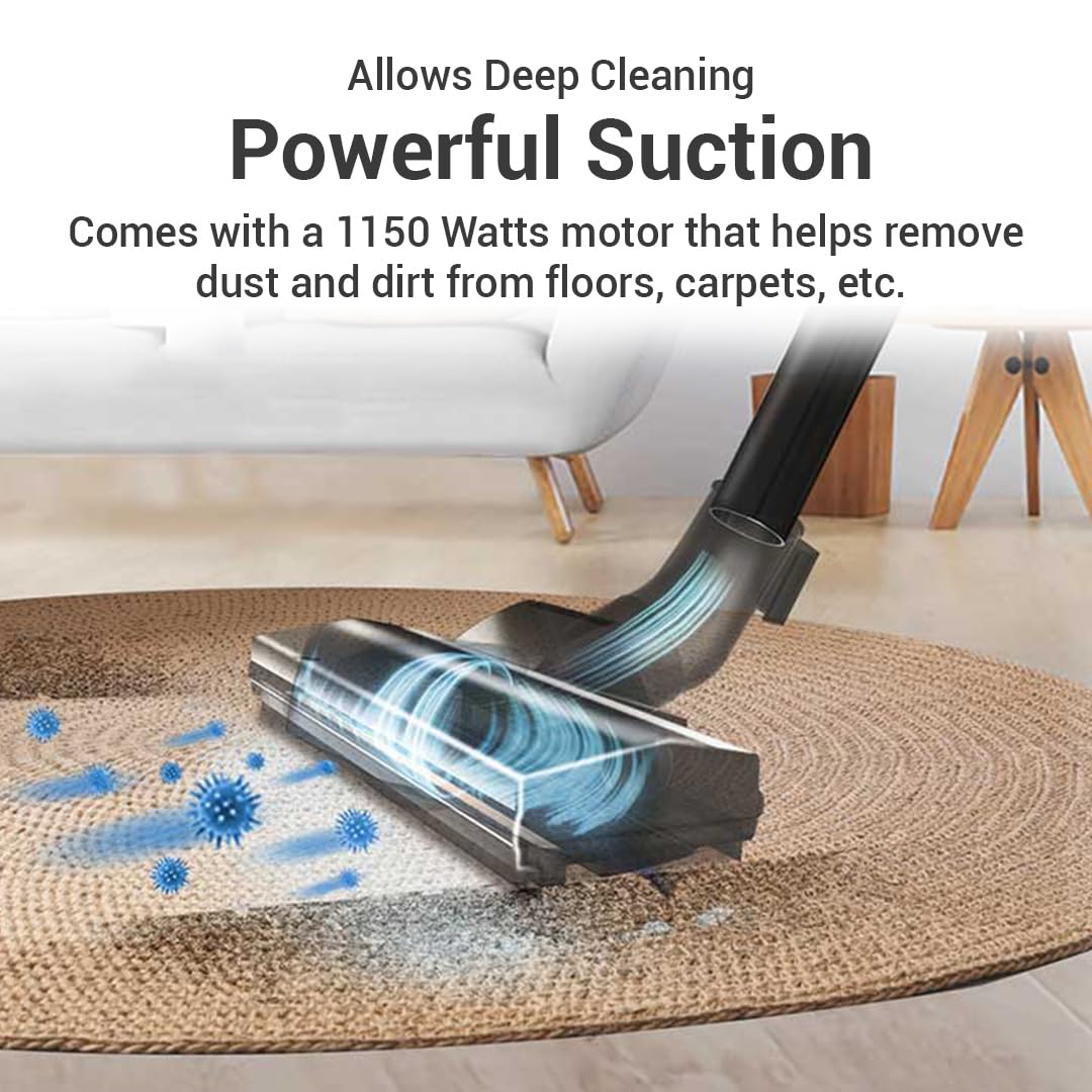 Vacuum cleaner head on a rug, illustrating powerful suction removing dust and particles