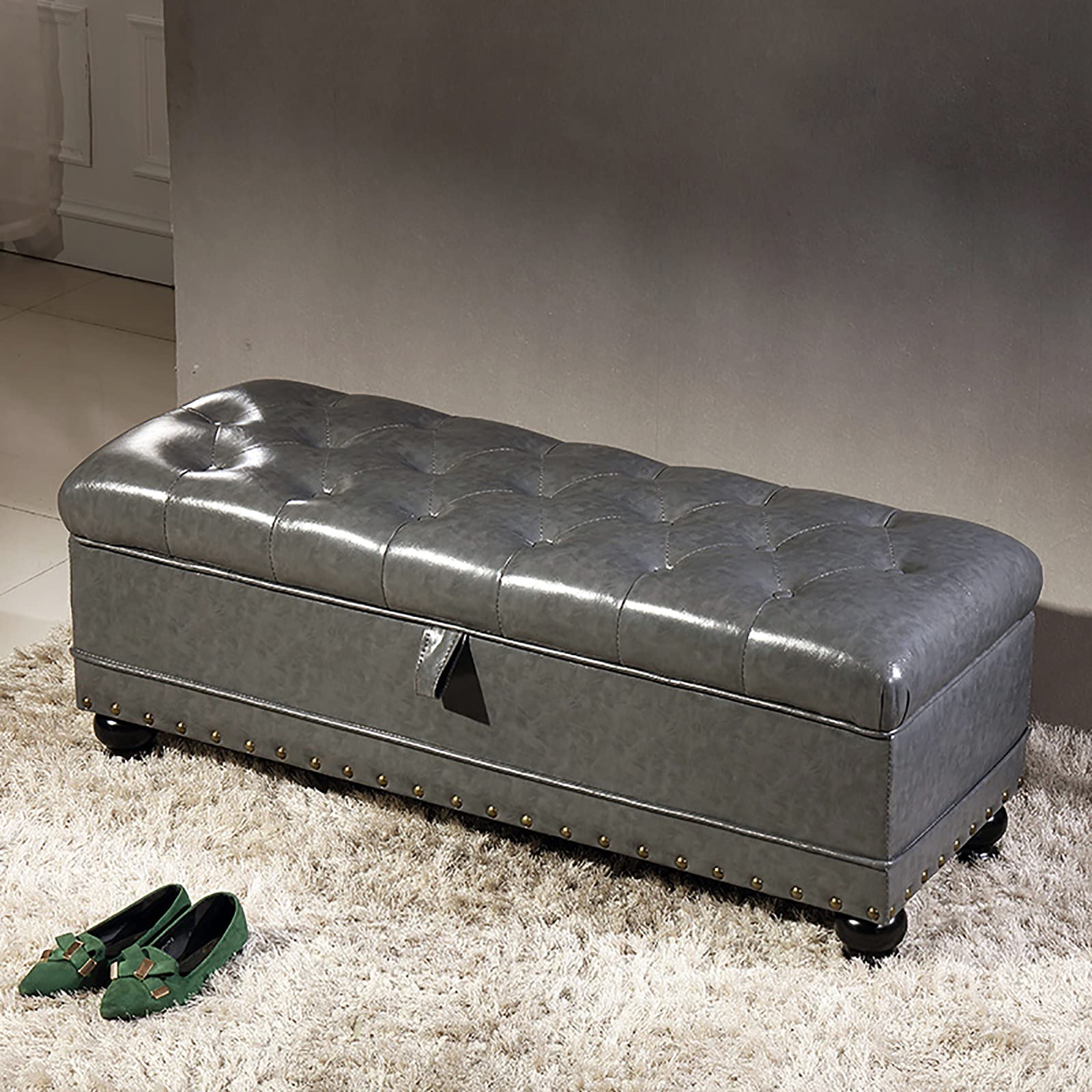 Banc de rangement ottoman moderne en cuir PU gris, coffre de rangement et tabouret de chambre