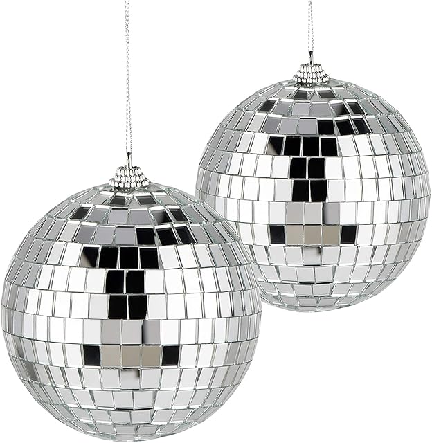 2 Pack Mirror Balls, 10cm Silver Disco Ball Reflective Mirror Ball Glass Mirror Glitter Ball Disco Mirror Ball Decorations for DJ Wedding Stage Party Christmas