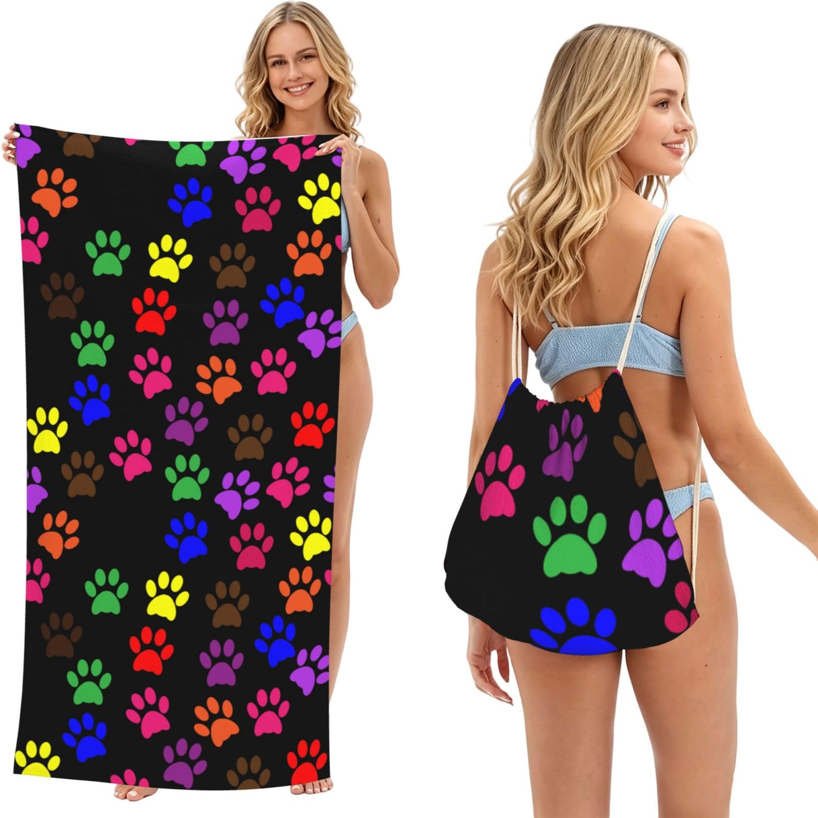 Poadnly As Picture Paw Prints, 2 In 1 Packable Towel Bag, Beach Towels With Drawstring Backpack For Travel Holiday Camping