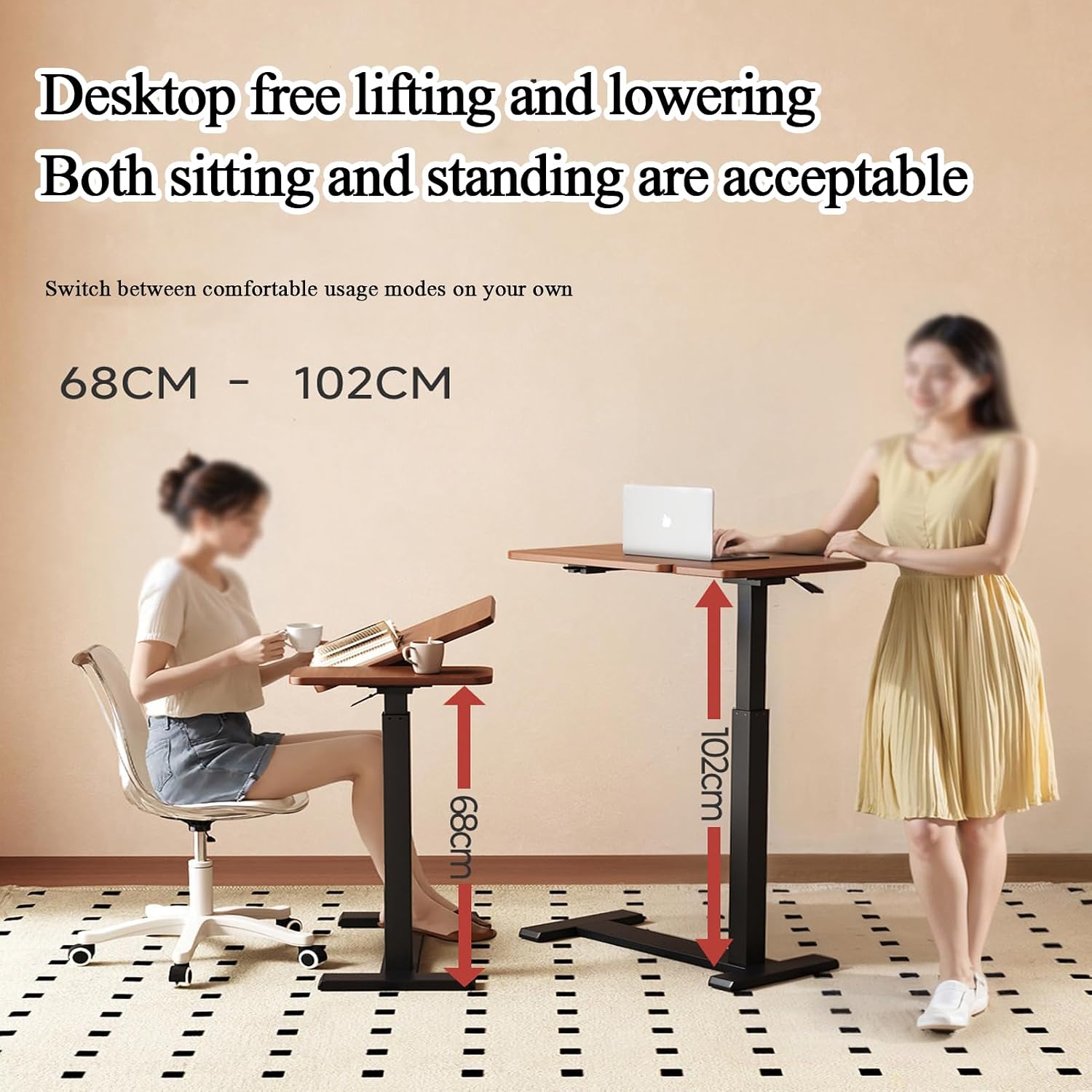 ELQ Solid Wood Overbed Bedside Table with Wheels, Adjustable Tilt Hospital Bed Table with Hidden Casters, Pneumatic Lifting, for Bedroom, Hospital, Couch, Office