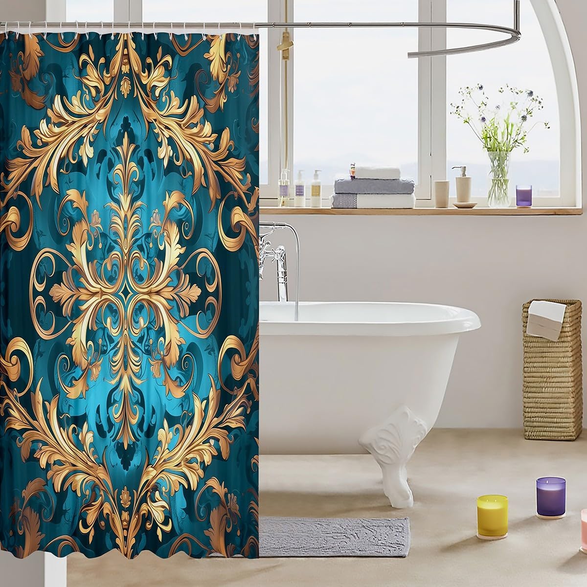 Erosebridal Hippie Damask Flowers Vintage Fashion Fabric Shower Curtain 72x78, Exotic Aztec Boho Paisley Bathroom Accessories with Hooks, Fashion Victorian Baroque Waterproof Bathroom Curtain Sets image 3
