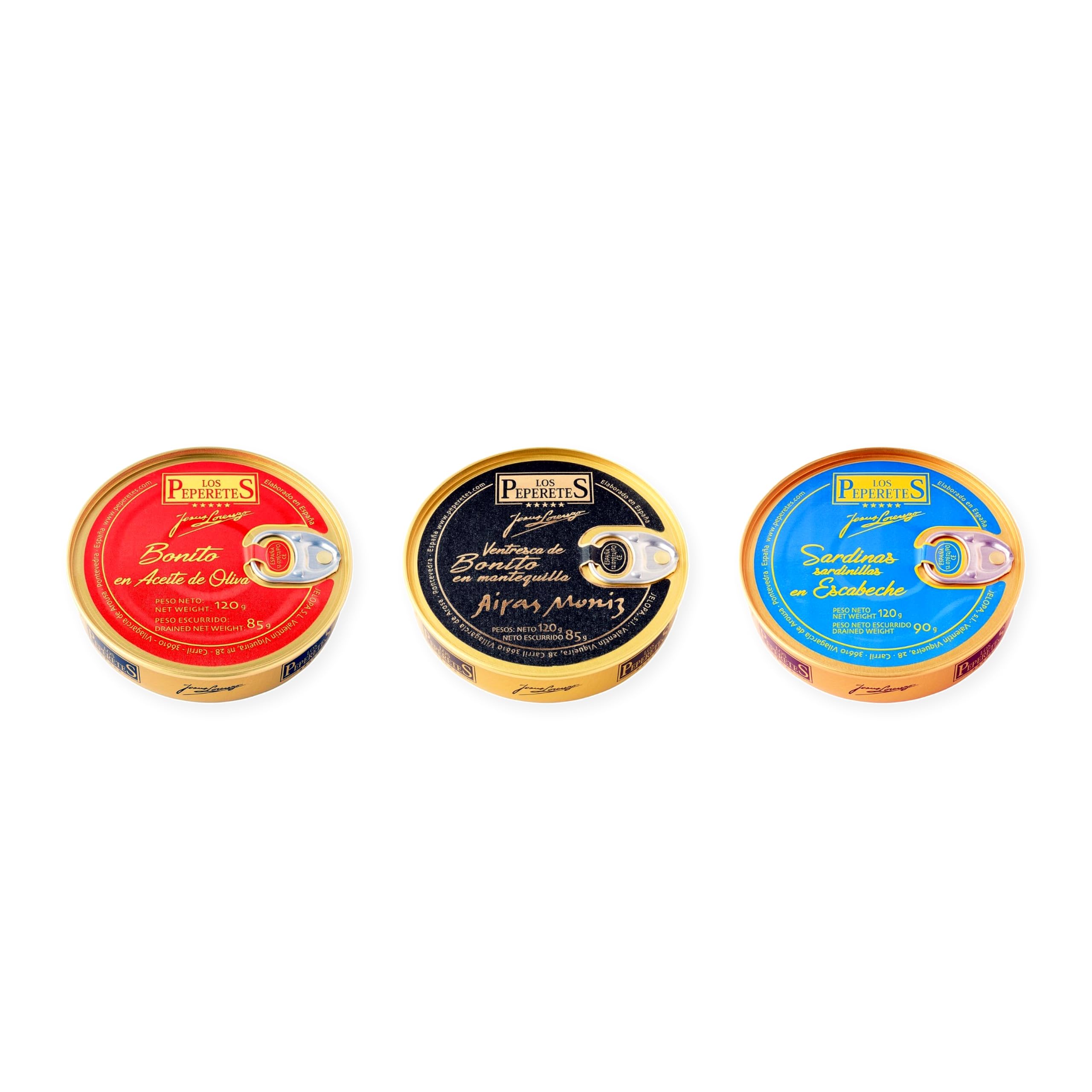 los peperetes conservas Bonito Aceite Oliva, Ventresca Bonito Mantequilla y Sardinillas Escabeche pack 3 latas