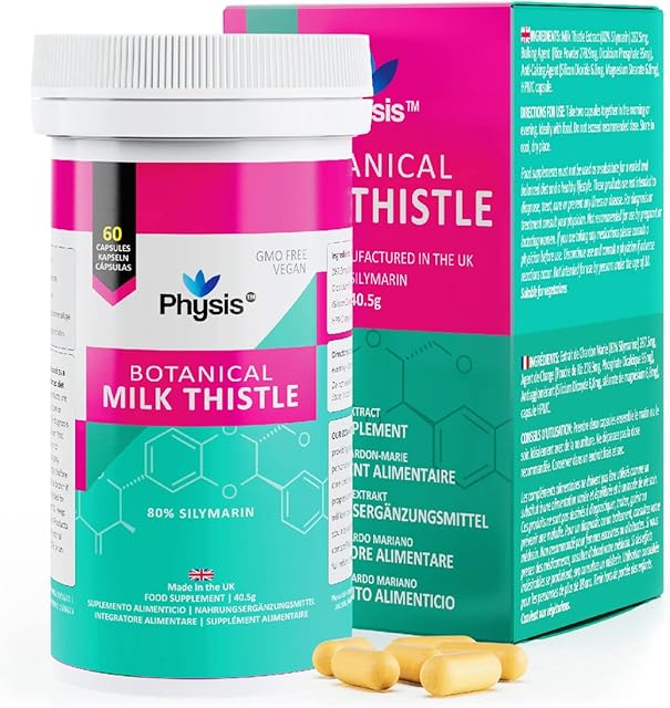 Physis Botanical Milk Thistle | 80 % Silymarin High Strength Milk Thistle | 60 x Vegan Milk Thistle Tablets (1 Month Supply) | British Supplements Milk Thistle | Liver Gallbladder Digestion Support