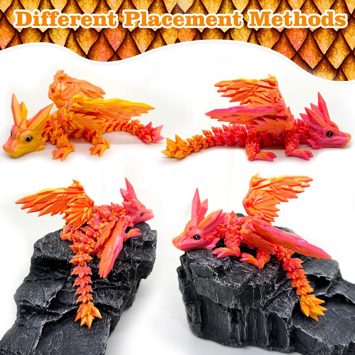 3D Printed Dragon with Wings Articulated Desk Decorations Toys, MINI 3-d Printed Flying Dragons Crystal Cute Fidget Office Gifts, Gradient Orange