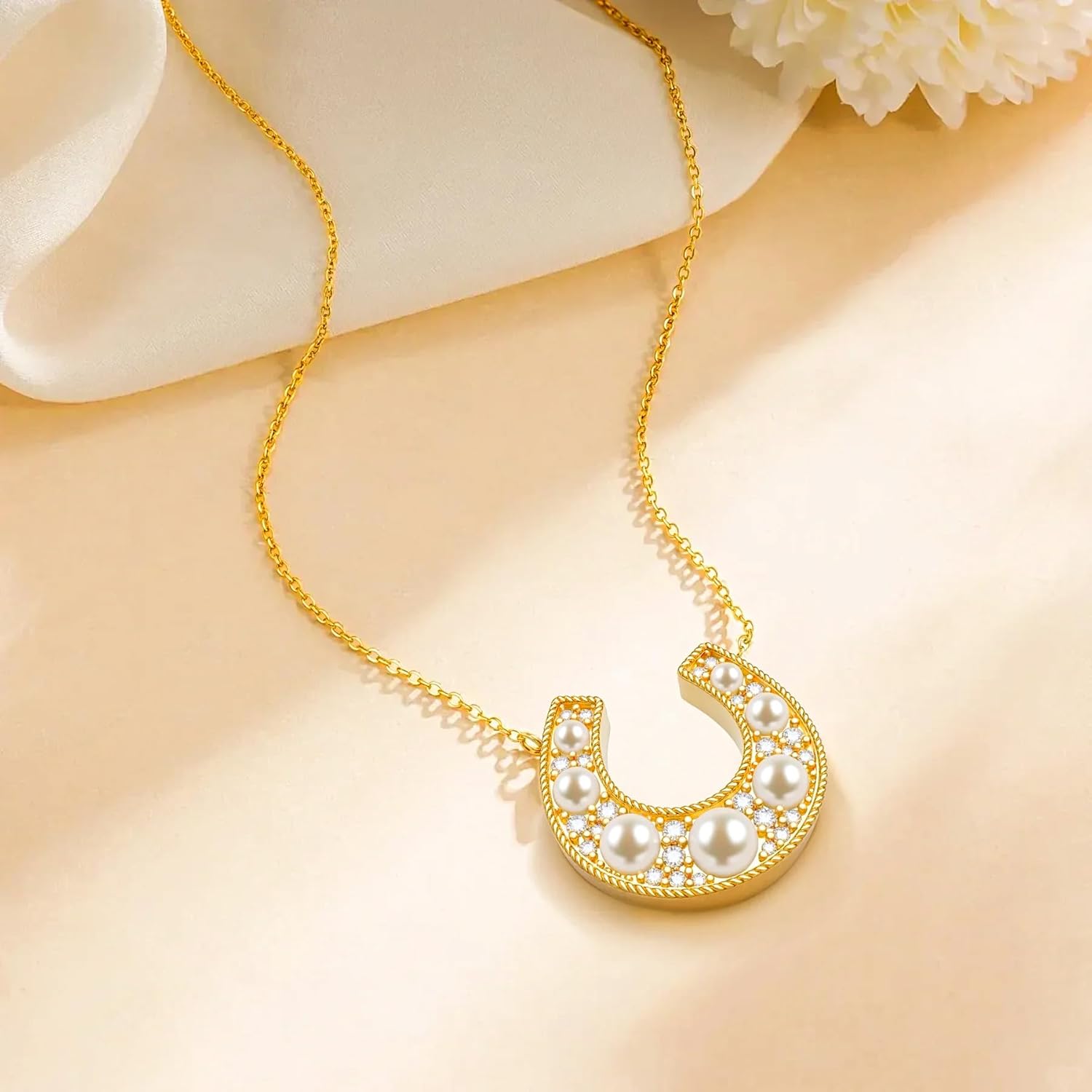 Horseshoe Necklace with Pearl for Women, Sterling Silver Horse Shoe Necklace with Gold Plated, Danity Lucky Protection Jewelry Christmas Gift for Women on Birthday Anniversary Christmas for Wife Girlfriend Her