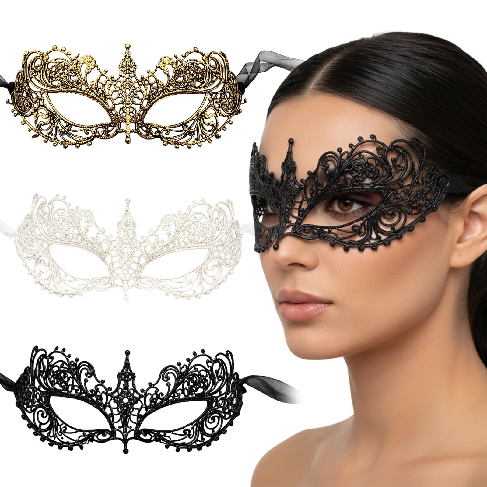 Yupaluz 3Pcs Masquerade Mask Women, Lace Mask for Half Face, Venetian Style Party Masks Adults for Costume Balls, Prom, Carnival & Halloween Events(Gold, Black & White)