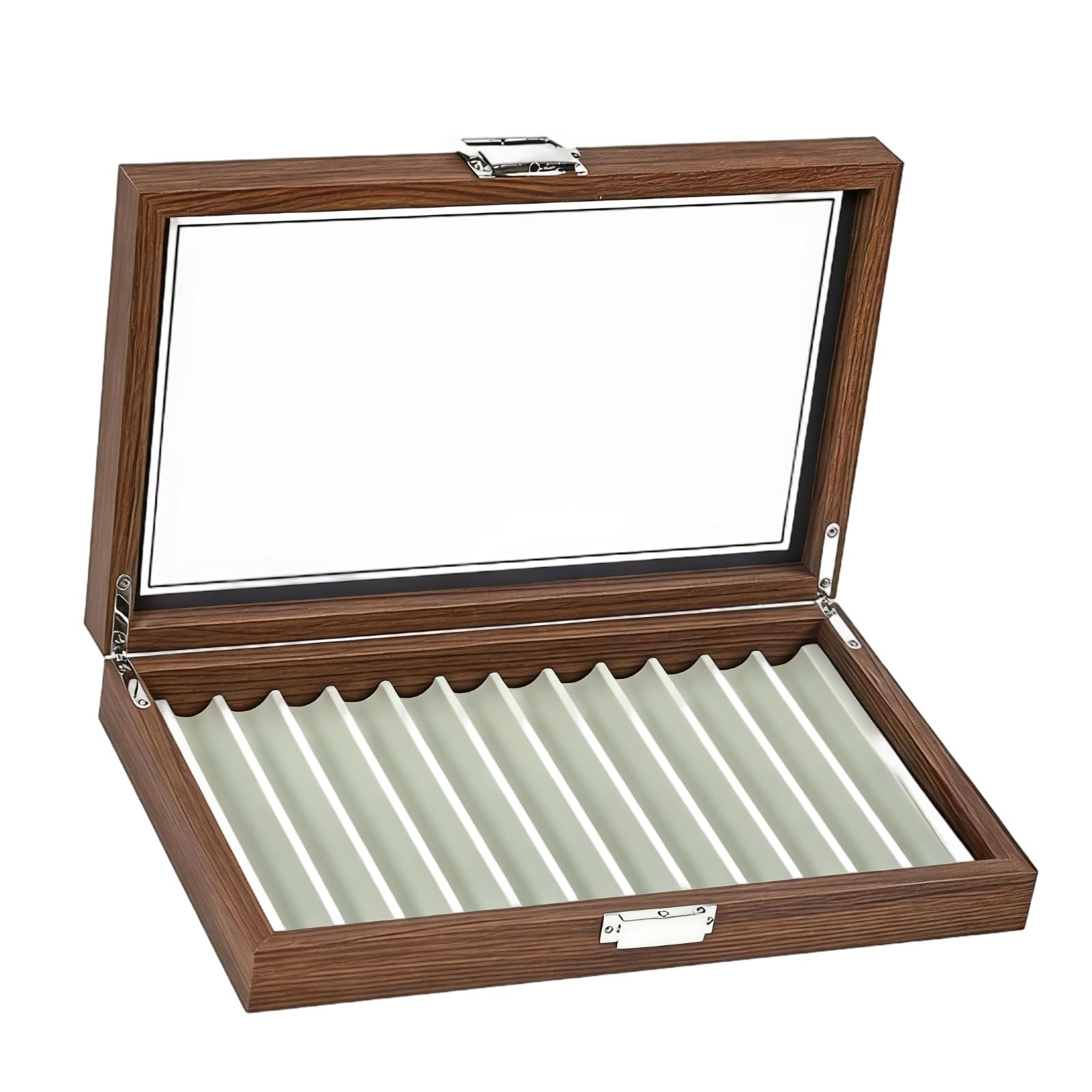 Espositore per penne a 12 scomparti con venature del legno di noce, custodia per penna stilografica, 32 x 20,1 x 5,6 cm, organizer con parte superiore trasparente, fodera in velluto, fibbia