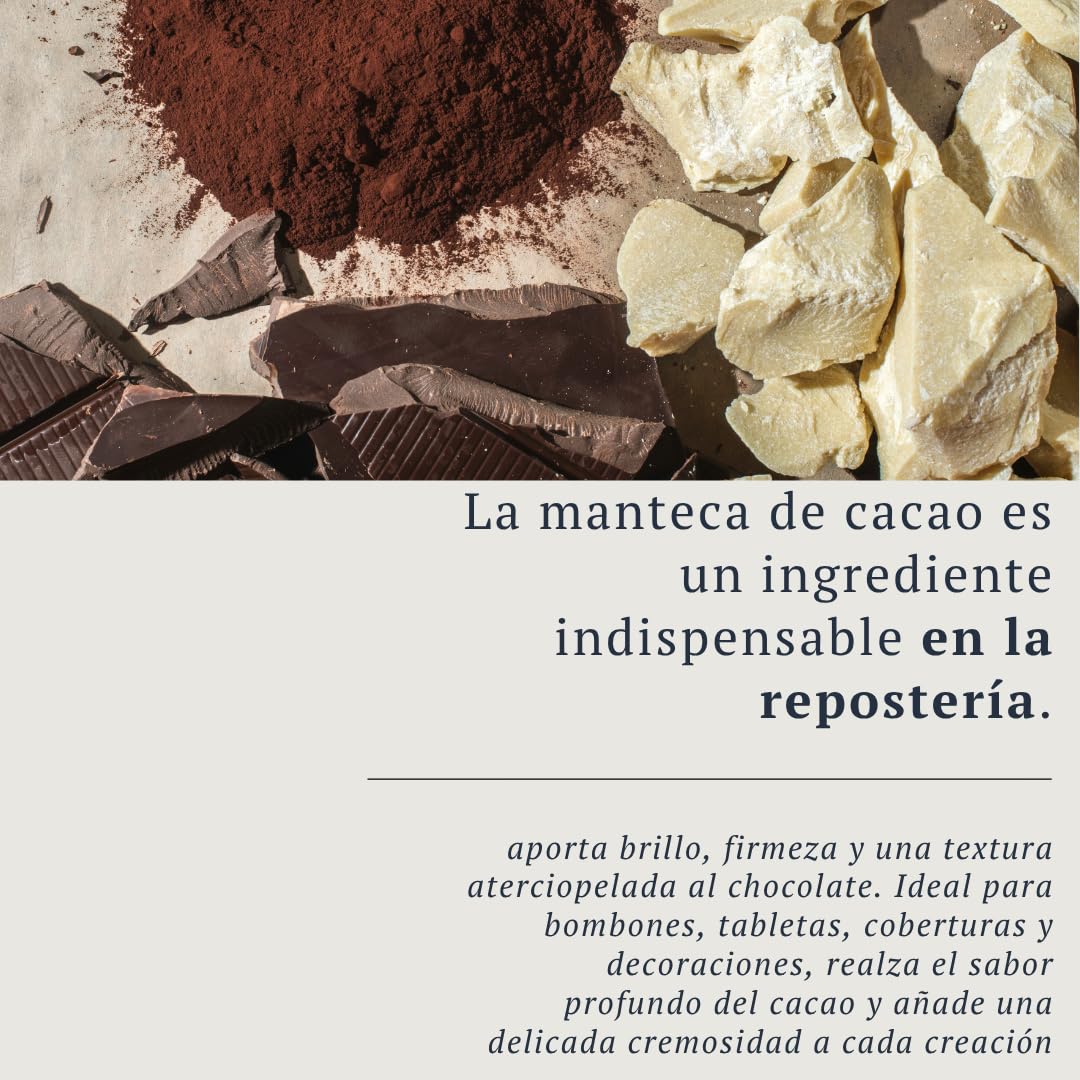 I-Organic Manteca de cacao no refinada 100% de Colombia, Comestible, Cosmético natural hipoalergénico, Hidrata y regenera la piel, Protege contra los rayos UV, Larga vida útil, 500g