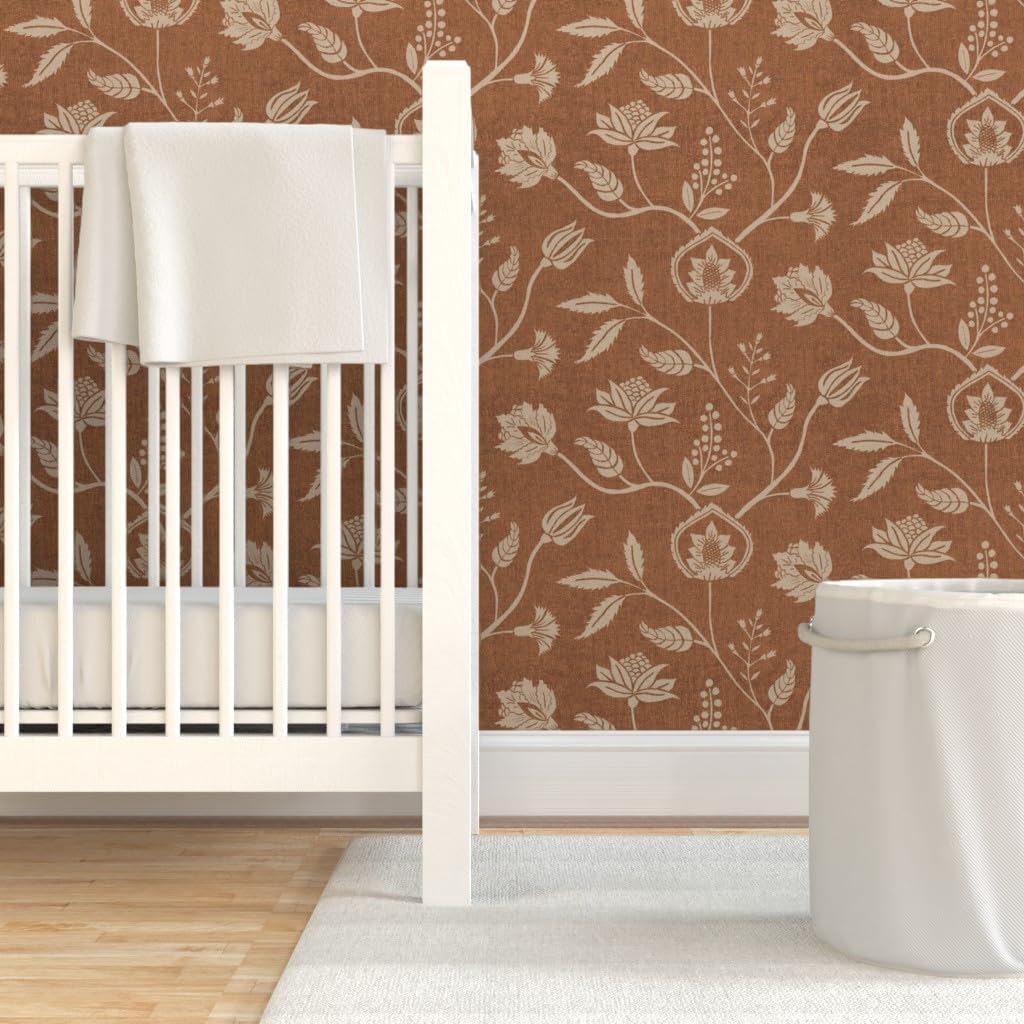 Peel & Stick Wallpaper 3ft x 2ft - Chintz Floral Block Print Earth Tone Terra Cotta Rust Traditional Large Scale Rustic Farmhouse Warm Custom Removable Wallpaper by Spoonflower