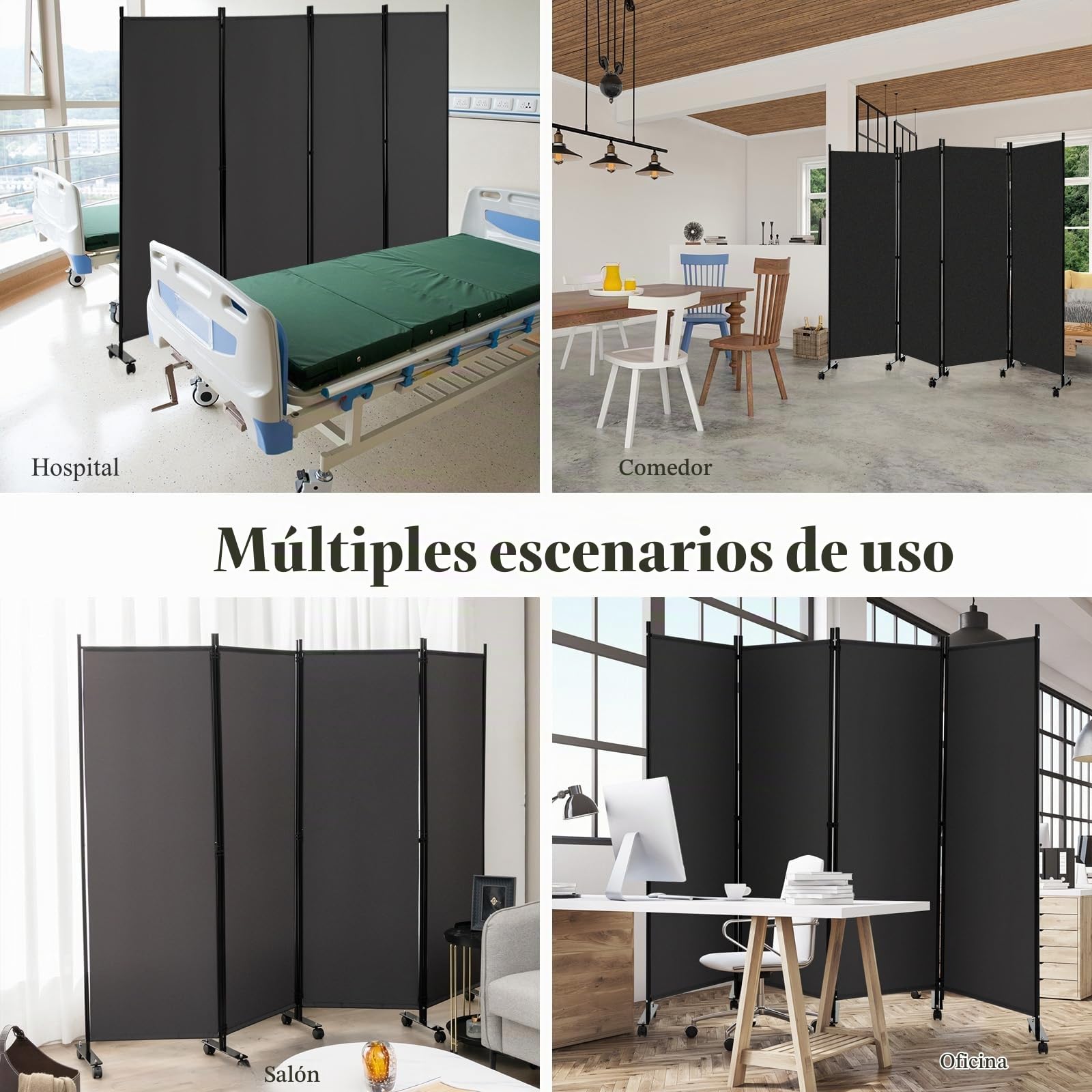 LIFEZEAL Biombo Plegable de 4 Paneles Gris con Estructura Metálica (Gris) | Separador de Espacios para Interior y Exterior con 10 Ruedas, Pared Tabique y Protección de la Intimidad