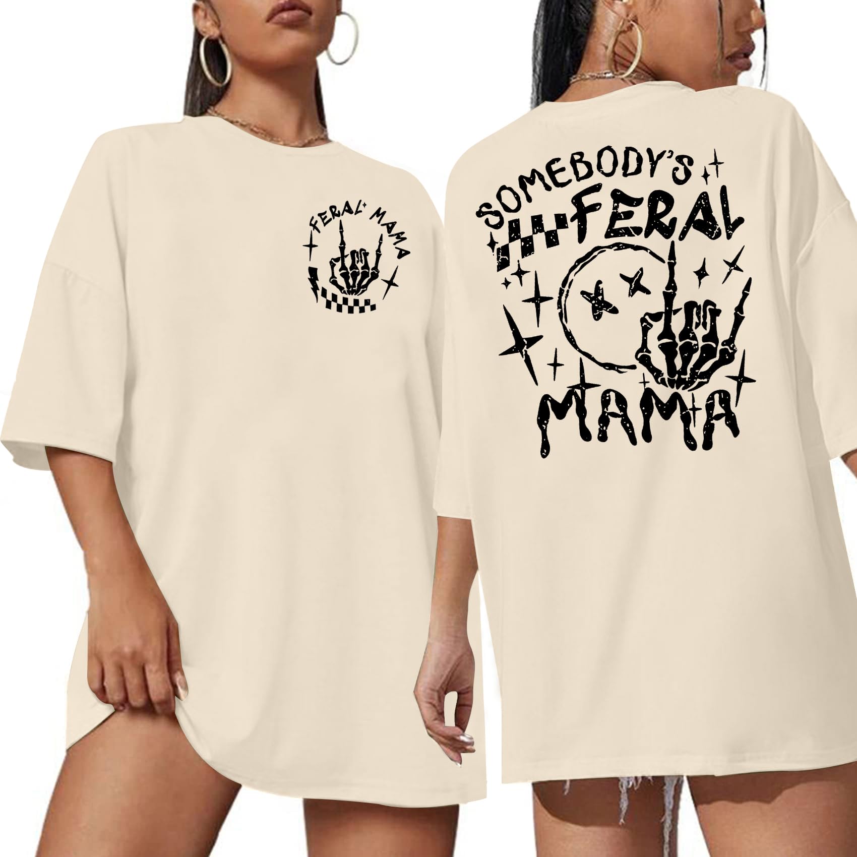 MOUSYA Women Oversized Mama Shirt Somebody's Feral Mama T-Shirt Funny Mom Shirt Women Mom Gifts Tee