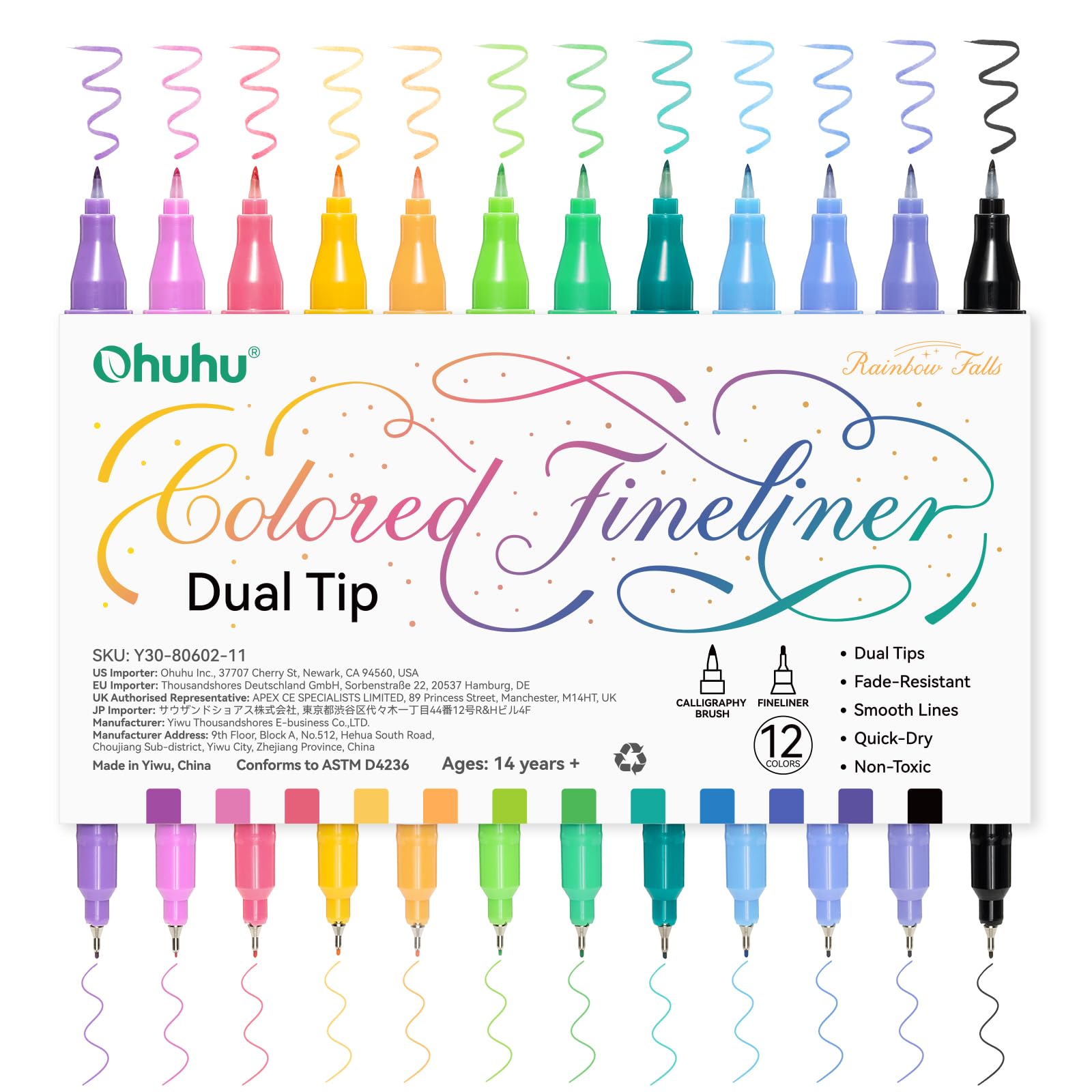 Ohuhu Brush & Fineliner - Rotuladores de dibujo de doble punta, 12 colores, impermeables y a prueba de alcohol, microbolígrafos para adultos, artistas y principiantes, dibujo, bocetos, diario, esbozar