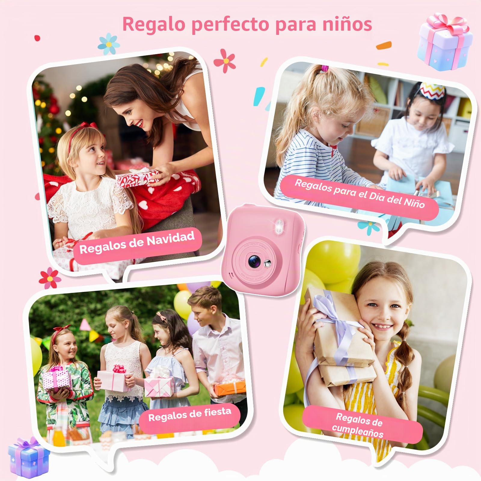 Hangrui Camara Fotos Infantil Instantanea, 1080P Camara Fotos Infantil, Cámara Instantánea para Niños con Tarjeta de 32GB,Papel de Impresión y Bolígrafos de Colores, Regalos Juguete-Rosa