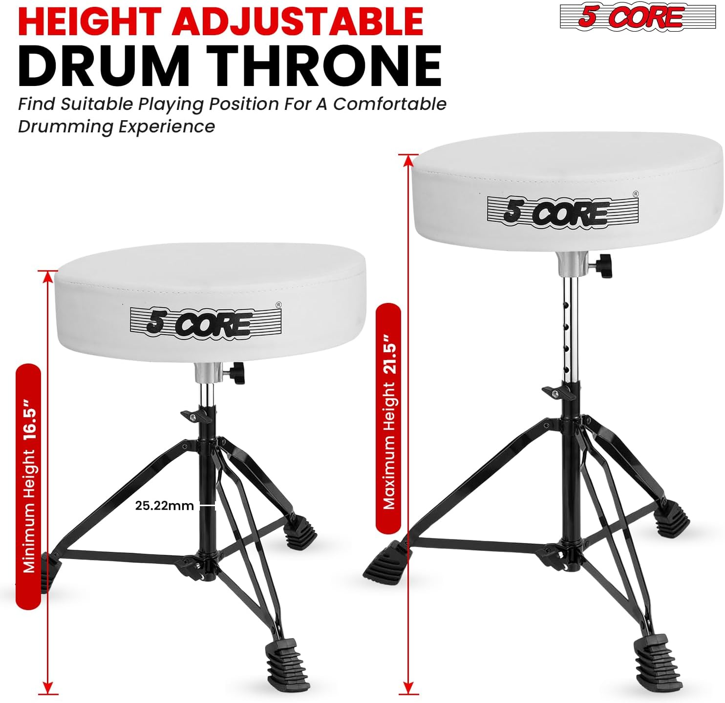 5 CORE Drum Throne 3" Thick Padded 21.5" Adjustable Guitar Stool Drummer Chair Heavy Duty 200 lb Capacity Seat for Adults & Kids White - DS BLKCH WH