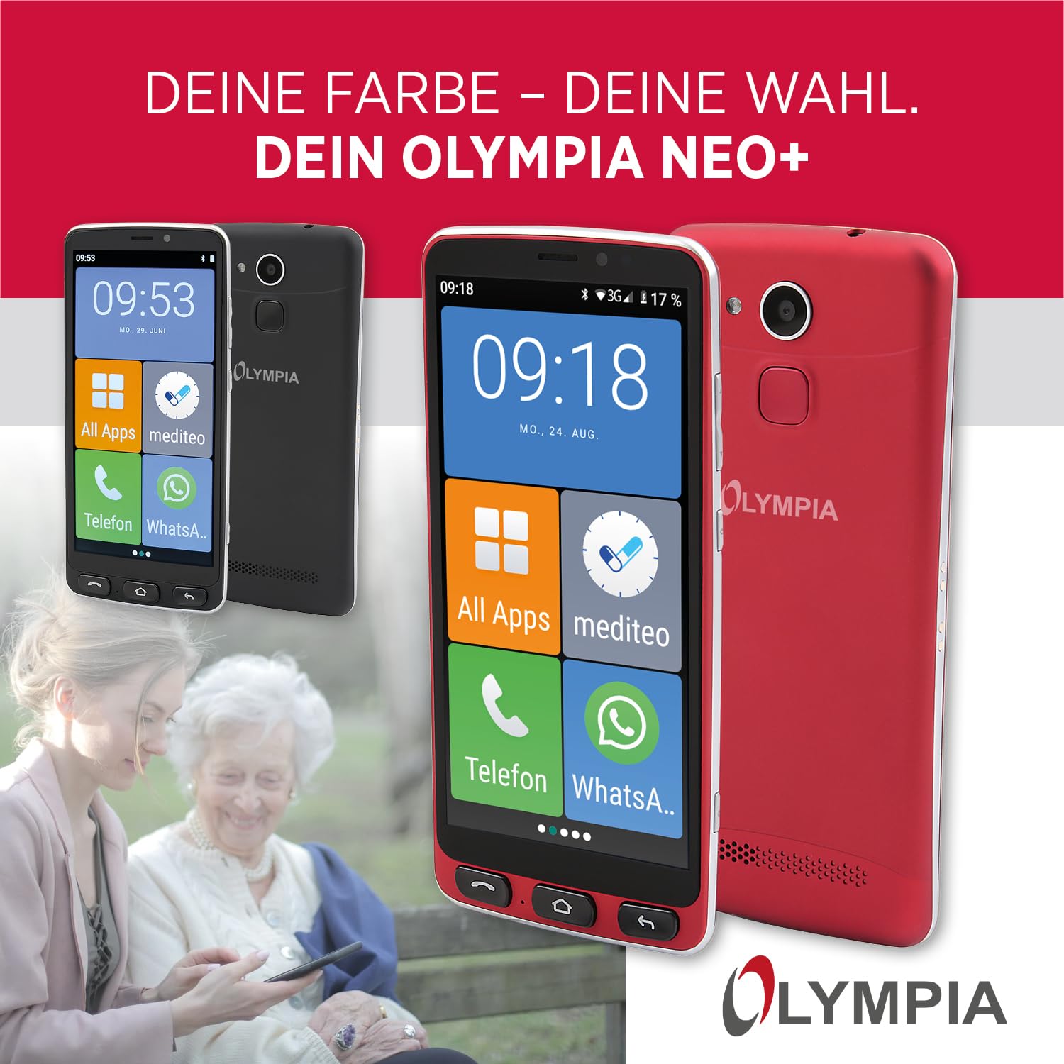 Olympia Neo+ teléfono móvil Negro para Personas Mayores | teléfono Inteligente para Personas Mayores con Pantalla Grande y botón de Llamada de Emergencia | operación Extra fácil | teléfono móvil para