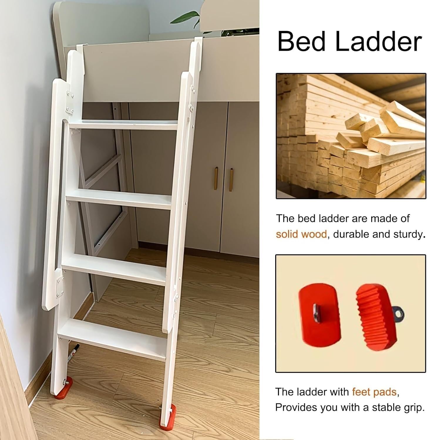 Wood Bunk Bed Step Ladder Multi-Function Floor-Standing Ladder with Safety Handrail(150cm/59)