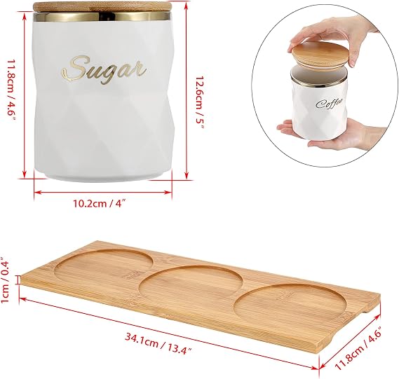 BTSKY White Ceramic Sugar Coffee Tea Canisters with Lid and Tray - Airtight Set of 3 Storage Canisters Food Storage Containers Pots Jars with Bamboo Lid for Kitchen Counter