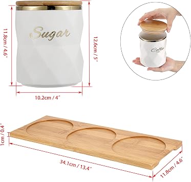 BTSKY White Ceramic Sugar Coffee Tea Canisters with Lid and Tray - Airtight Set of 3 Storage Canisters Food Storage Containers Pots Jars with Bamboo Lid for Kitchen Counter