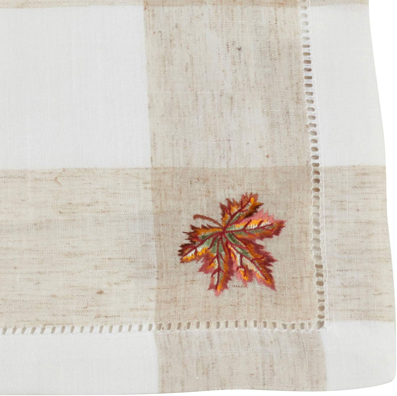 Fennco Styles Hommage Brodé Collection Cottage Maple Embroidery Hemstitch Border Linen Blend 14 x 19 Inch Placemats – Ivory Placemats for Wedding, Banquet, Tea Party and Home Décor