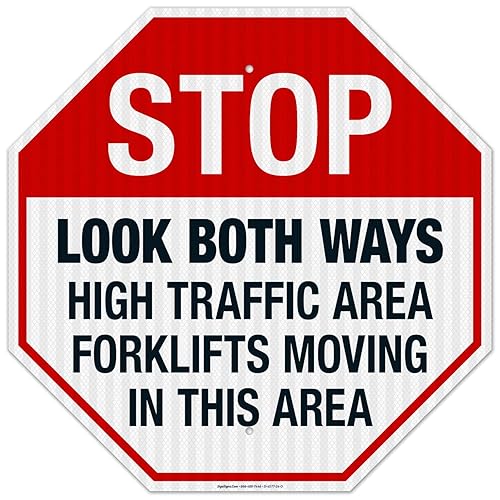 Miniatura 11 de Carretillas elevadoras de área de alto tráfico Look Both Ways Moving in This Area, cartel de peligro de la OSHA, 12 x 12 pulgadas, aluminio 040