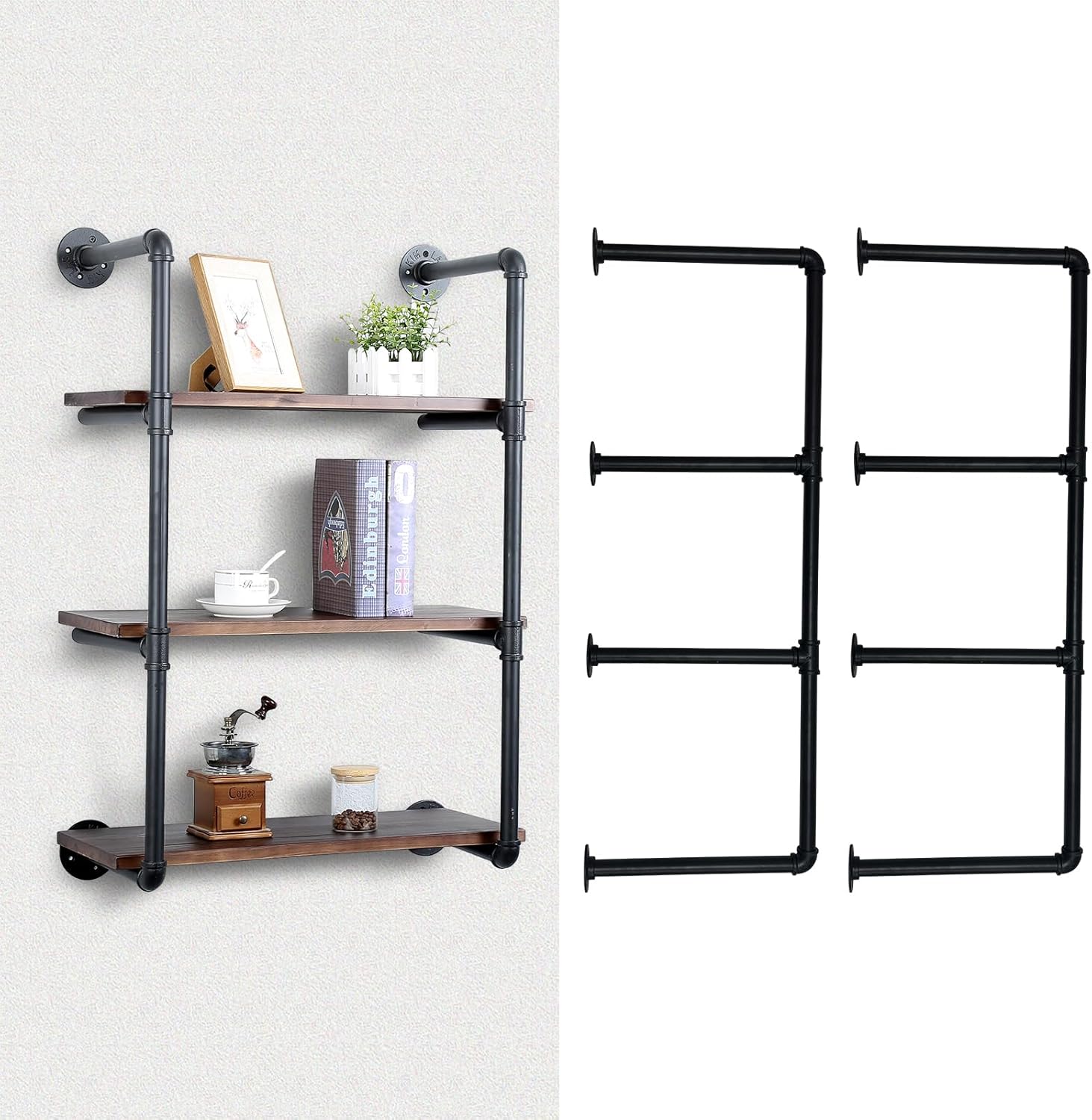 Industrial Pipe Shelving Wall Mounted,Black Pipe Shelves Iron Pipe Shelf Bracket,Wall Shelves(2Pcs X 5Tier,55" Tall,14" Deep,Hardware Only)
