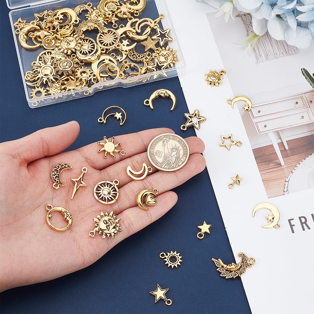 UNICRAFTALE 80Pcs 20 Styles Sun Moon Star Series Charms Earring Charms Tibetan Style Pendants Antique Golden Small Dangle Pendants for Bracelet Necklace Jewelry Making - Image 4