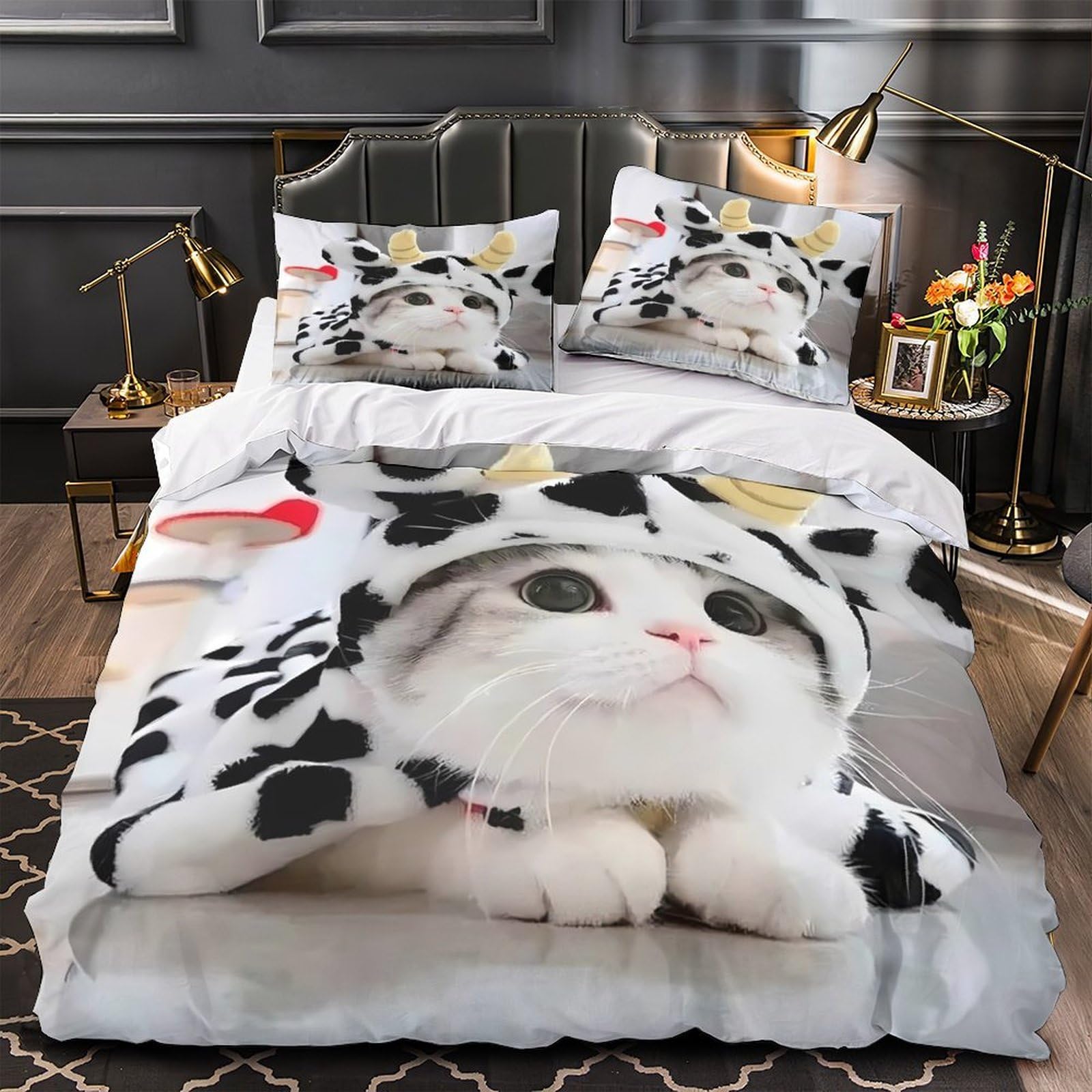 Housse de couette chat 3D king size en microfibre avec 2 taies d'oreiller