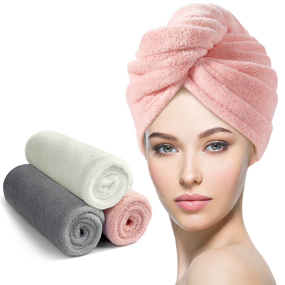 Toallas De Turbante De Microfibra Para El Pelo - Secado Rápido, Con Botón, Para Cabello Largo O Corto (pack De 2, Negro Y Azul)