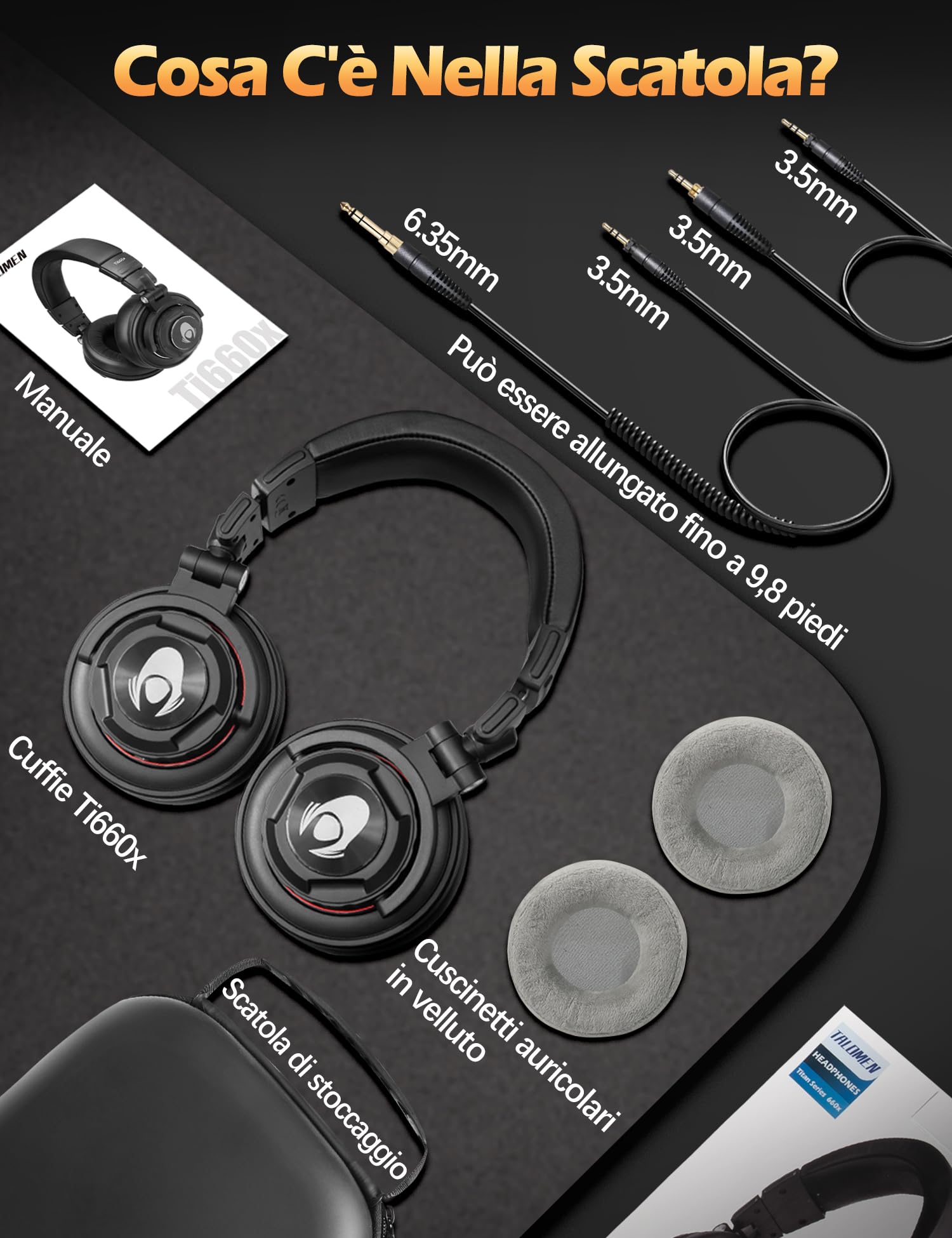 talomen TI660X cuffie con filo,cuffie over ear,Isolamento Acustico,Cuscinetti Auricolari Morbidi,Leggere e Pieghevoli,Cuffie per Registrazione,Mixaggio,Monitoraggio in Studio,DJ,Podcast,Cellulare,PC