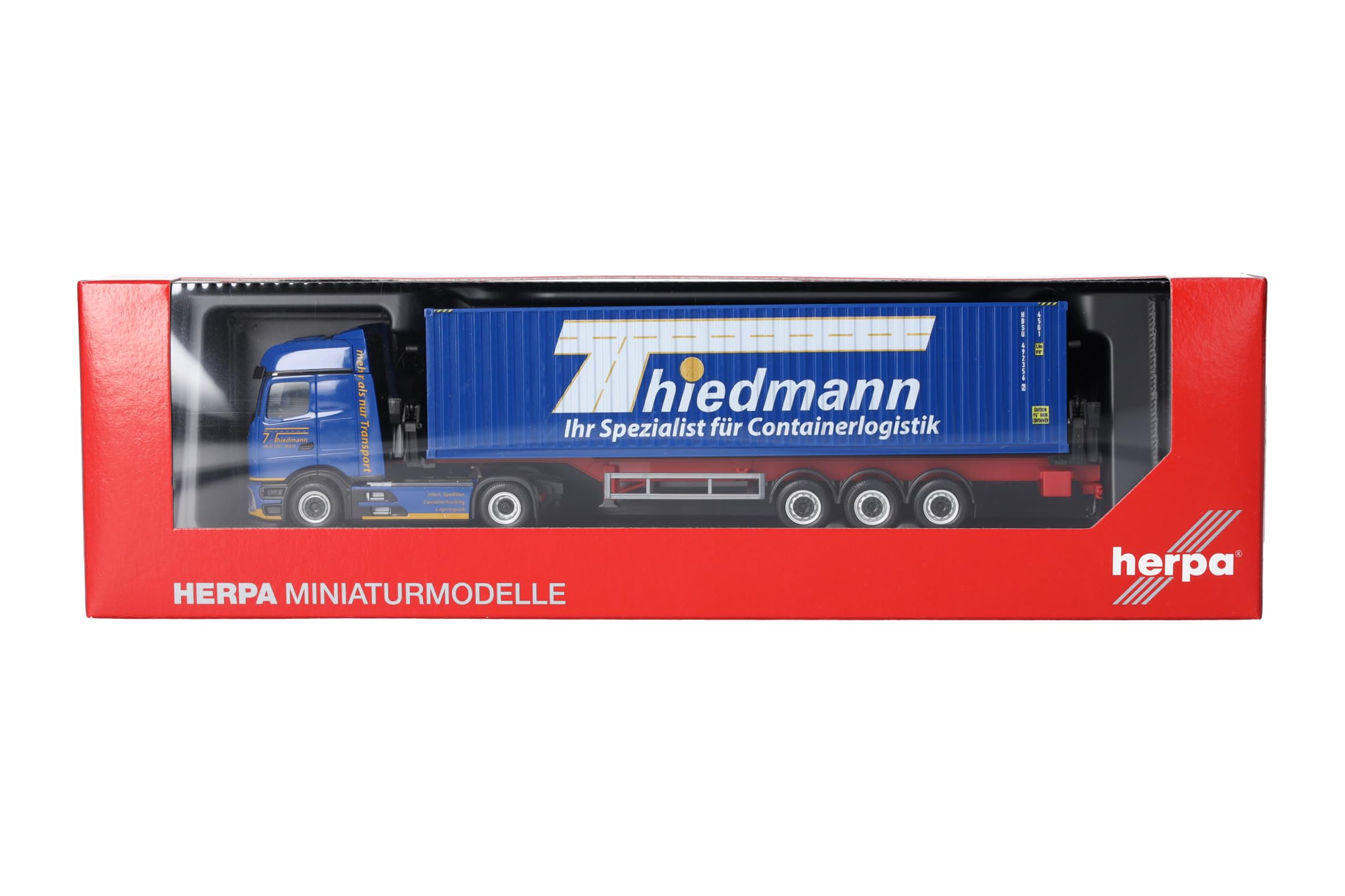 Herpa LKW Modell Mercedes-Benz Actros L ProCabin Bigspace Container-Seitenlader Thiedmann, Miniatur im Maßstab 1:87, Sammlerstück, Made in Germany, Kunststoff