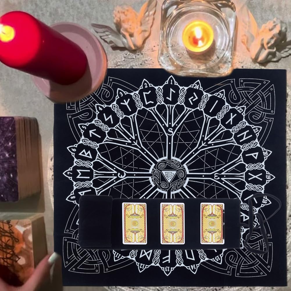 CREATCABIN Altar Cloth Tarot Card Bag Tarot Cloth and Bag Set Tablecloth Viking Runes Pentagram Totem Protective Card Board Game Embroidery for Oracle Decks Tarot Dice Crystal Coin 2.95x4.96 Inch - Image 4