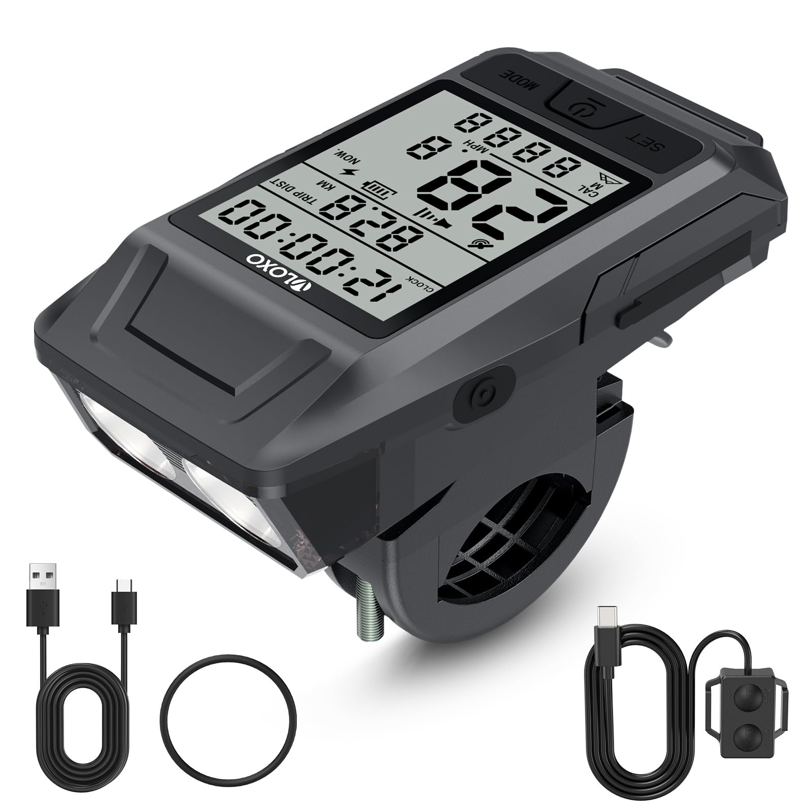 GPS Bike Computer with Headlight, 3-in-1 Wireless Bicycle Odometer | Smart Speedometer with Altitude Display & Electronic Horn, Auto Backlight Waterproof Cycling Tracker for Safe Night Riding
