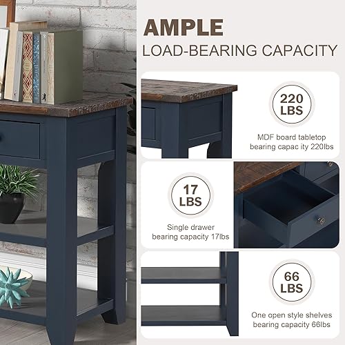Miniatura 6 de INMOZATA Mesa consola de madera maciza de 48 pulgadas, mesa auxiliar de sofá de entrada estilo granja con 3 cajones de almacenamiento y 2 estantes