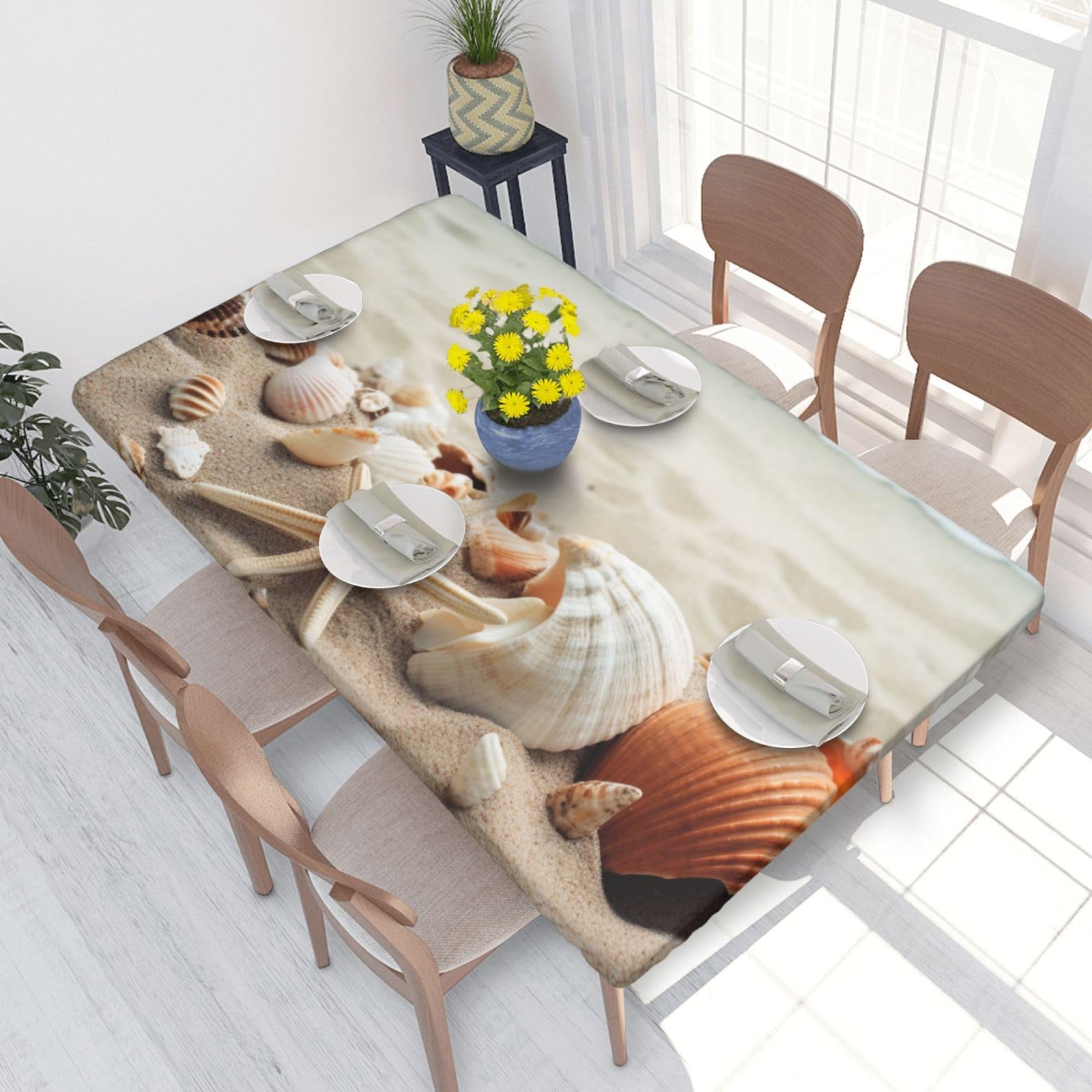 Dcarsetcv Seashells Sand Printed 4Ft Waterproof Tablecloth With Elastic Edged Protect & Decor Your Table, Oil-Proof Washable Table Cloth Cover For Dinner Picnic Party