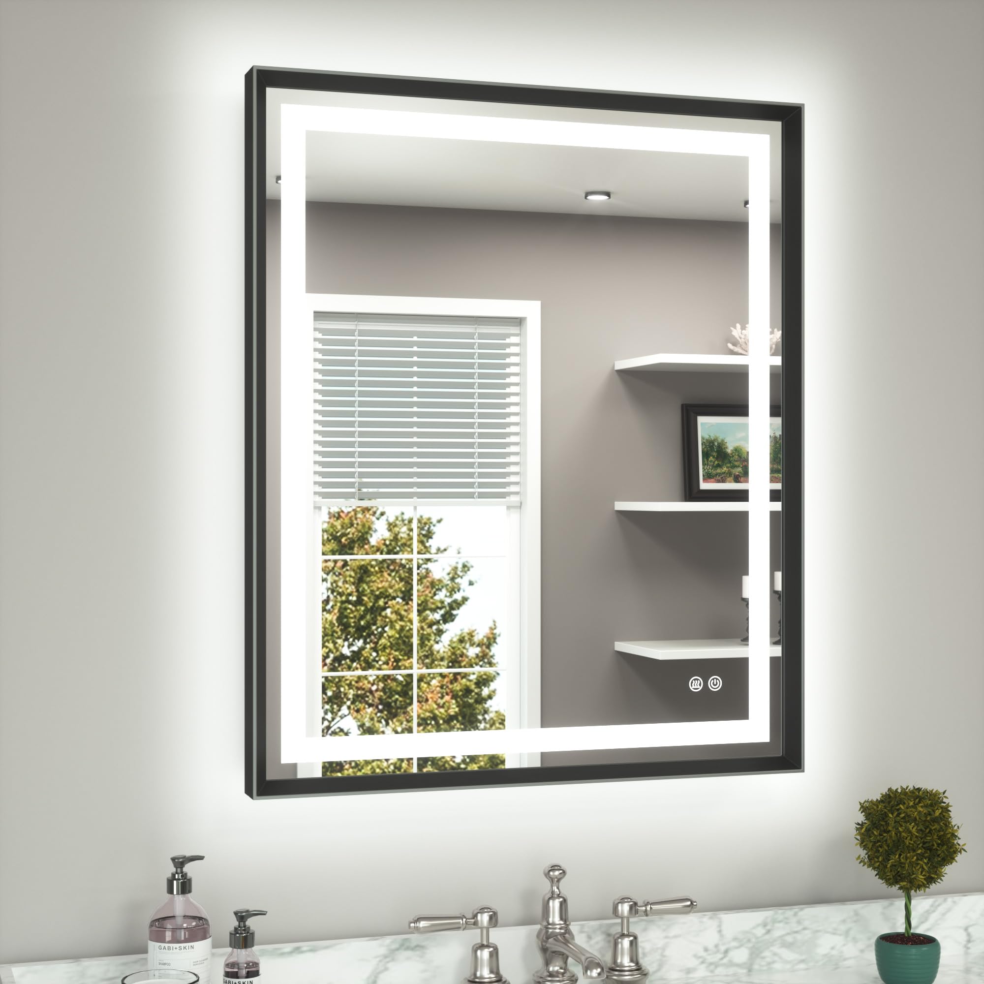 TETOTE Led Bathroom Mirror 30 x 36 with Brushed Black Frame Anti-Fog Frontlit &amp; Backlit Vanity Mirror Stepless Dimmable Lighted Mirrors for Bathroom Wall 3 Colors White/Warm/Natural Wall-Mounted