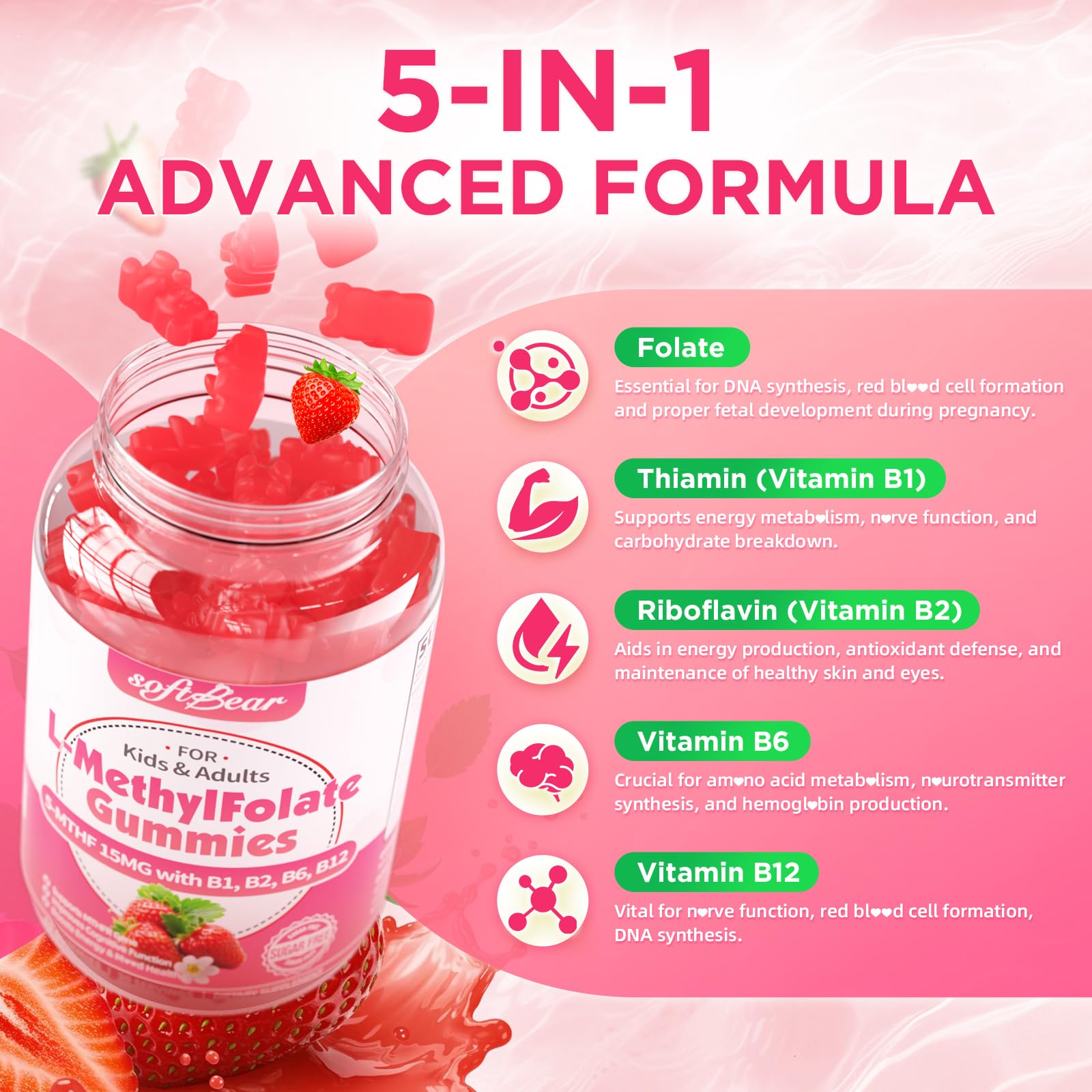 softbear L-Methylfolate 15mg Gummies for Kids & Adults, Organic Methylfolate Supplement 5-MTHF Plus Methyl B12, B1, B2, B6 Support MTHFR Gene, Cognition Function, Strawberry Flavor 60 Count — Amazon image 3