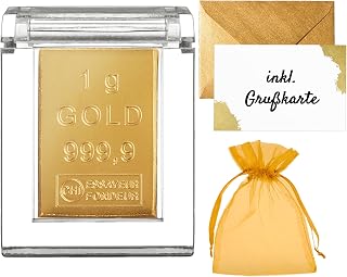 Goldbarren in Kapsel - Feingold 999.9 - Geschenkbeutel (1g Gold) | Gold als Geschenk inkl. Echtheitsgarantie, Grußkarte und Geschenkbeutel