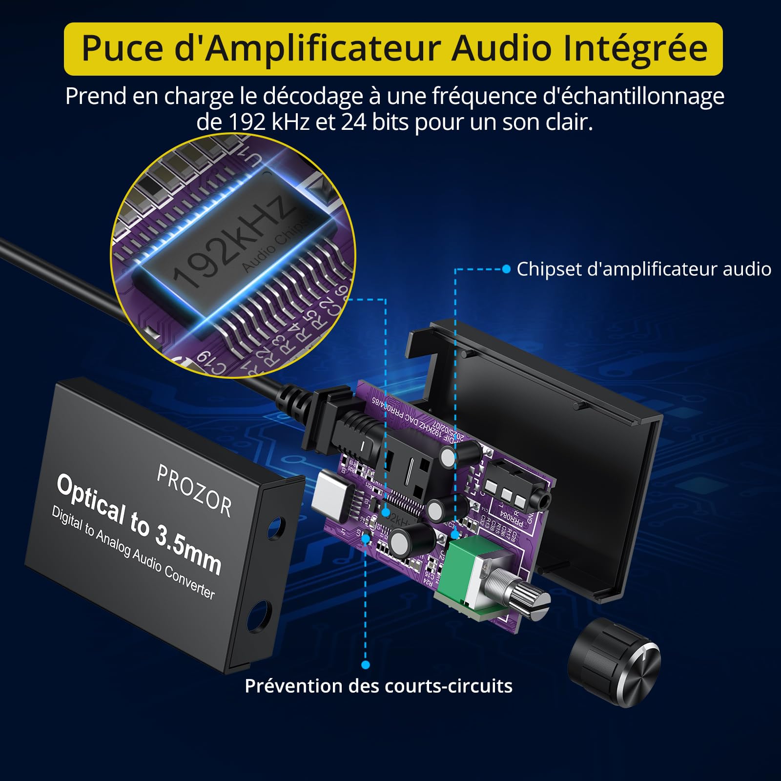 PROZOR Convertisseur SPDIF Optique vers 3.5mm avec Amplificateur Audio 192kHz/24bit Compact Plug and Play pour Casque TV et Enceintes