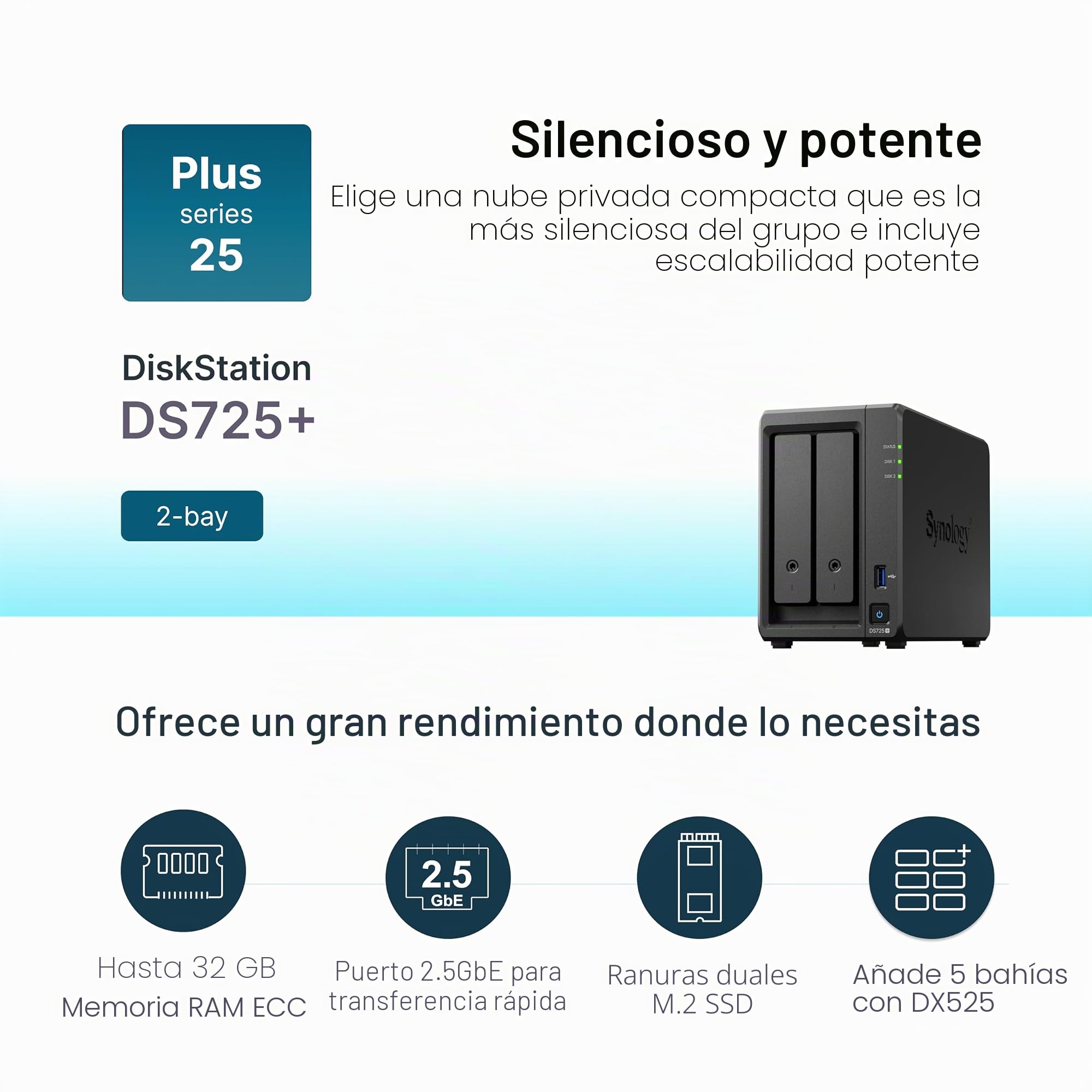 Synology Kit NAS DS725+ de 2 bahías, CPU Ryzen, Memoria de 4 GB, usuarios estándar de 2.5 GbE-Nic, Distribuidor Autorizado Nacional, Field Lake, Soporte telefónico, DiskStation
